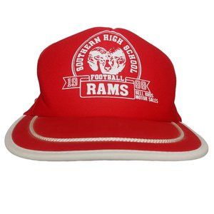 Vintage Southern High School Rams Football Nissin 3 Stripe Red Cap Trucker 1988